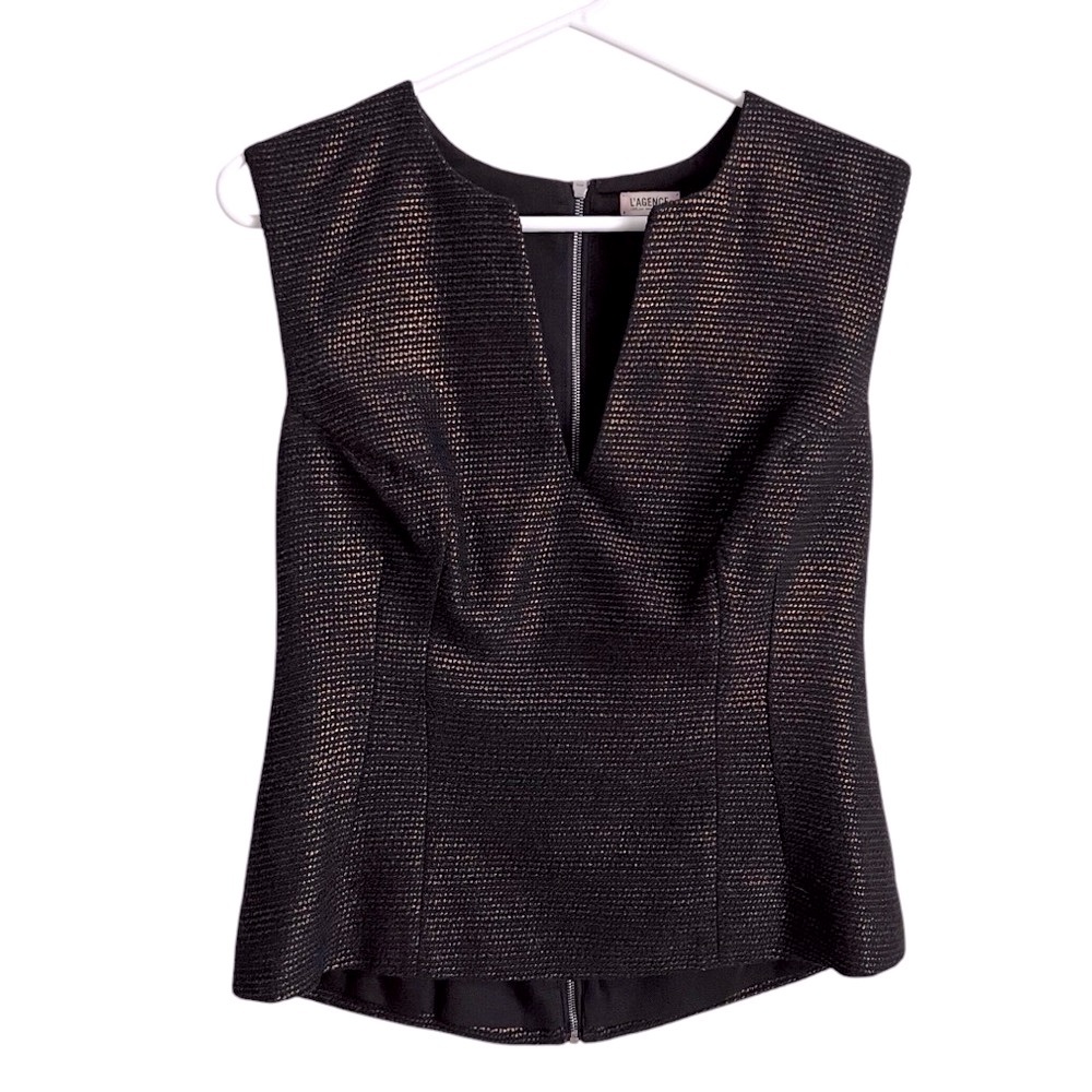 L’Agence Sleeveless Top Black Copper Woven Shell Fitted Classy Modern NO SIZE